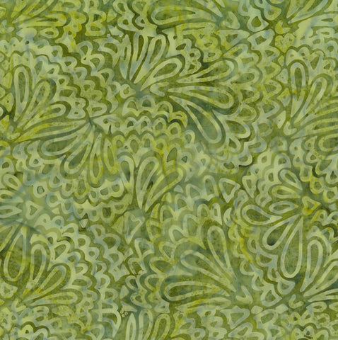 BA EU  1810 Eucalyptus Range Patterned Tone on Tone, Light Green on Mid Green Fans and Squiggles Cotton for Patchwork and Quilting