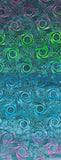 BB-83202-627 Banyan Batiks Whirlpool Range Movement Peacock Pink Purple, Aqua, Blue, Lime on Teal Circles and Spinning Lines on Teal Cotton Batik for Quilting