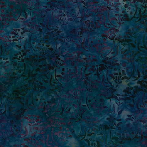 BB-83203-1000 Banyan Batiks Whirlpool Range Stencils Dark Purple Small Flowers and Leaves on Aqua to Teal Blue Cotton Batik for Quilting