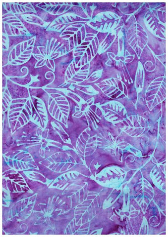 CAP A39 Aqua Leaves and Stems on Mauve Purple Batik Cotton Fabric Bulk Discount 1M Piece