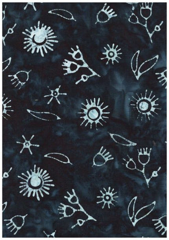 CAB A63 Green Grey Gum Nuts and Leaves on Very Dark Blue Batik Cotton