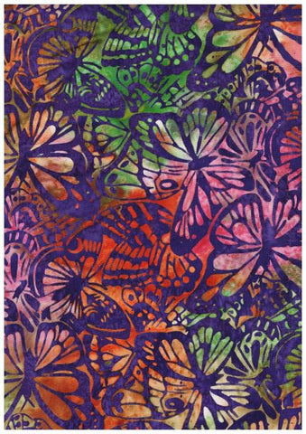 CAP A70 Orange Pink Green Butterflies on Dark Purple Batik Cotton Fabric 1M Piece