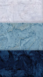 Three horizontal fabric swatches with abstract marbled patterns in pale lavender-gray, light blue, and deep navy blue.
