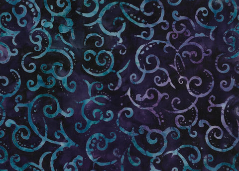 BA MA 1736 Majestic Range Teal Purple Scroll Swirls on Dark Purple Indigo Batik Cotton