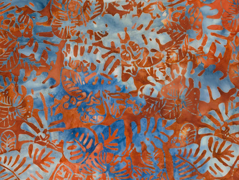 BA MA 1753 Majestic Range Blue Grey Tropical Leaves on Rust Orange Batik Cotton