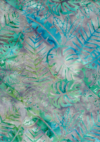 BA CA 1912 Colours of Australia Range- Lime Green Aqua Grey Jungle Leaves Batik Fabric for Patchwork, Quilting and Sewing. Price per Quarter Meter Unit.