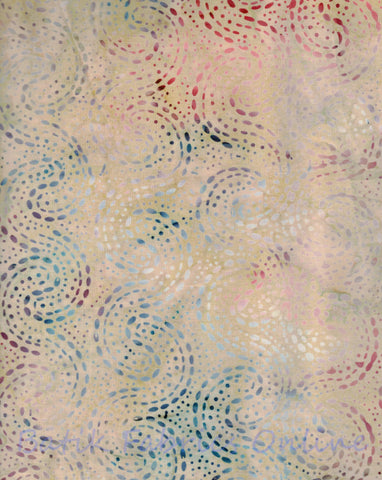 BA CA 1923 Colours of Australia Range- Multicoloured Dots and Dashes in Waves on Beige Batik Fabric for Patchwork, Quilting and Sewing. Price per Quarter Meter Unit.