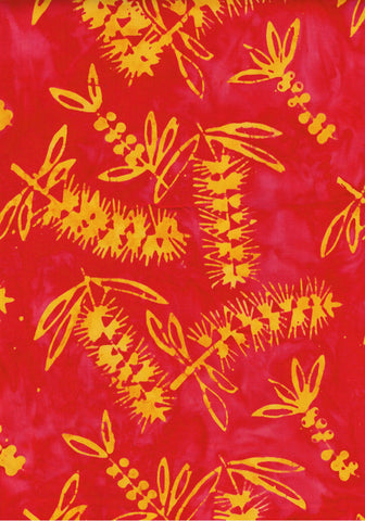 BAAL 926 Yellow Bottlebrush On Red Aussie Landscape Batik Cotton for Patchwork and Quilting Sale 1.55M Piece