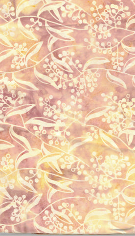 BAAL 344 Creamy Yellow Leaves and Gumnuts on Yellow Apricot Tan Cotton Batik Fabric Bulk Discount 1M Piece