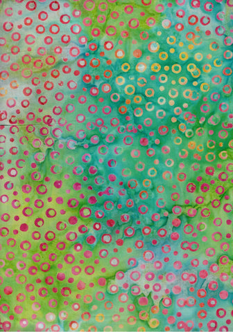 BAC 300 Hot Pink Red Orange Circles on Green Aqua Turquoise Cotton Batik