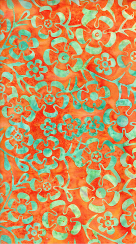 BA HA 2375 Harmony Range: Aqua Ribbon Flowers on Orange Batik Cotton for Patchwork and Quilting