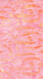 Pink and orange abstract patterned cotton batik fabric with flowing horizontal streaks and organic circular shapes gum leaves