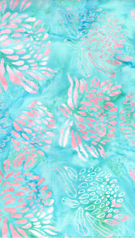 BA HA 2379 Harmony Range: Mauve Pink Waratah Flowers on Aqua Batik Cotton for Patchwork and Quilting