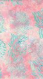 Pink watercolor cotton batik fabric pattern featuring teal and turquoise waratah motifs.