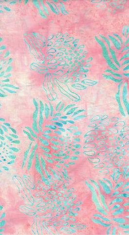 BA HA 2391 Harmony Range: Pale Aqua Waratahs on Pale Pink Batik Cotton for Patchwork and Quilting