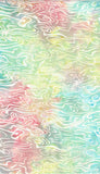 Abstract pattern of wavy, pastel shades of mint green, soft pink, pale yellow, and light blue cotton batik fabric.