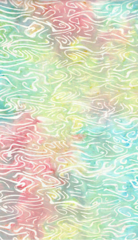 BA HA 2392 Harmony Range: Off White Horizontal Squiggles on Pale Turquoise, Green and Orange Batik Cotton for Patchwork and Quilting