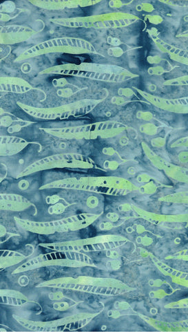 BA RD1 2322 Riverdance Range: Eucalyptus Green Gum Leaves and Nuts on Grey Blue Batik Cotton for Patchwork and Quilting
