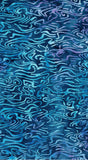 Abstract wavy pattern in shades of blue, teal, and purple, resembling watercolor or fluid art on cotton batik fabric