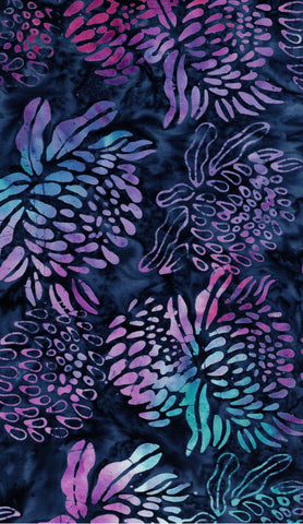 BA RD4 2346 Riverdance Range: Mid Purple Aqua Pink Waratah Flowers on Navy Blue Batik Cotton for Patchwork and Quilting