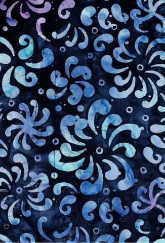 BA RD4 2347 Riverdance Range: Mid Purple Aqua Flowers on Navy Blue Batik Cotton for Patchwork and Quilting