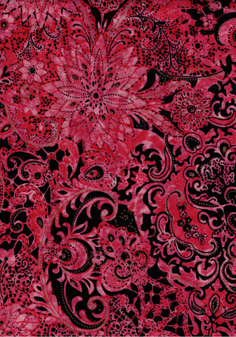 BB-81221-22 Batik Lustre Black Paisley on Poppy Red Cotton for Quilting