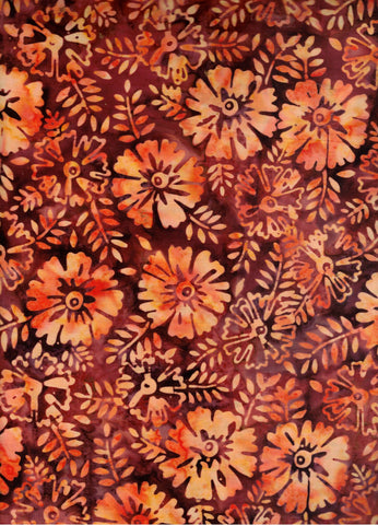 BB-80950-59 Rust with Orange Gold Leaves and Flowers Batik Cotton for Quilting