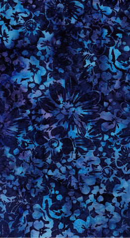 Blue Batik Fabric for Patchwork, Quilting, Sewing and Textile Art: Aqua, Purple Flowers on Dark Blue Hoffman Batik/CAB 842 H