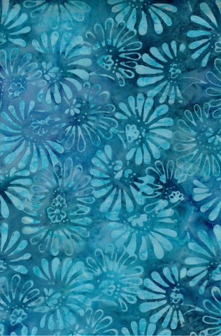 CAB 762 FB2 Floral Boutique Aqua and Sky Blue Petals and Outlined Petals on Mid Sky Blue Batik Cotton for Patchwork and Quilting