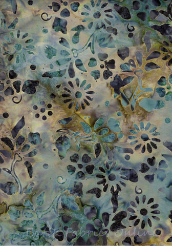 CAB 778 FB2 Floral Boutique Teal and Navy-Blue Flowers and Leaves on Tan and Teal Batik Cotton for Patchwork, Quilting and Sewing.