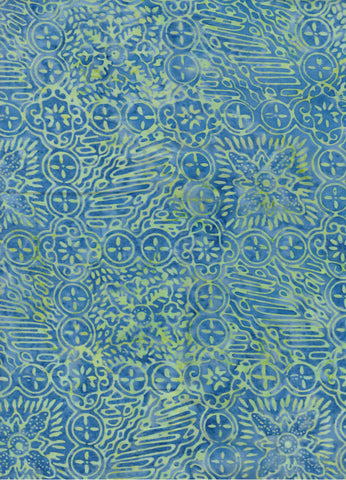 CAB 0244 Mid Blue with Small Aqua Leaf and Flower Motifs Batik Cotton Sale 1.0M Piece