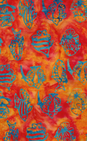 CAB 302 Aqua Blue Fish on Orange Batik Cotton Fabric 1M Piece