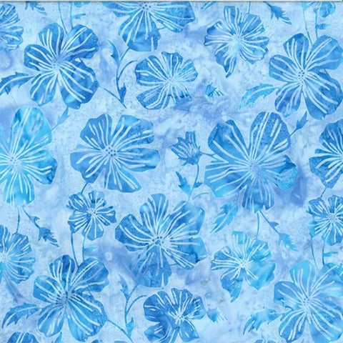 CAB 705H Blue Flowers on Pale Blue Batik Fabric for Patchwork and Quilting