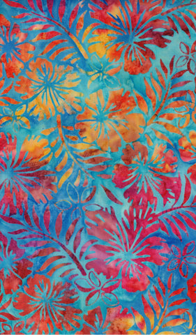 CAB 764 K Aqua to Royal Blue with Orange, Purple and Gold Flowers and leaves Fabric for Patchwork and Quilting