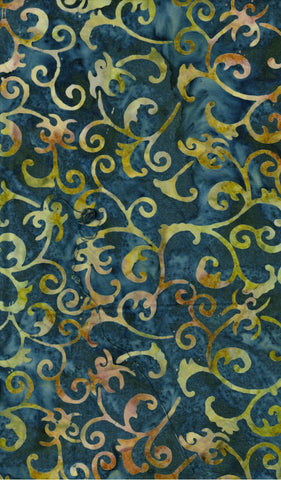 CAB 768 R Teal Blue with Lime Green Tan Scrolls Pattern Cotton Batik for Patchwork and Quilting