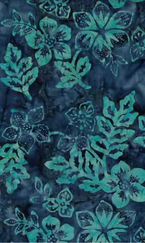 CAB 771 R Dark Blue Grey with Aqua Flowers and Leaves Cotton Batik for Patchwork and Quilting
