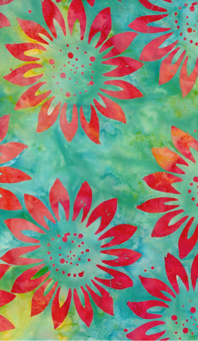 CAB 773 R Large Orange Red Sun Flowers on Aqua and Yellow Background Cotton Batik for Patchwork and Quilting