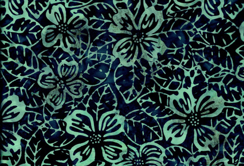 CAB 774 R Dark Blue with Aqua Flowers and Leaves Cotton Batik for Patchwork and Quilting