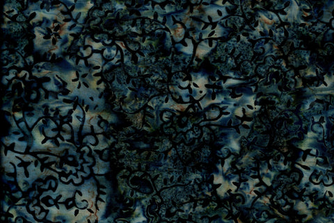 CAB 785 T Dark Blue Spiky Scrolls on Blue with Brown Batik Cotton, for Patchwork, Quilting and Sewing