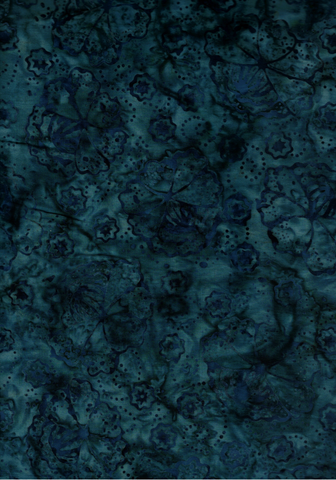 CAB 786 T Dark Teal Blue with Black Outlined Flowers and Dots Batik Cotton, for Patchwork, Quilting and Sewing