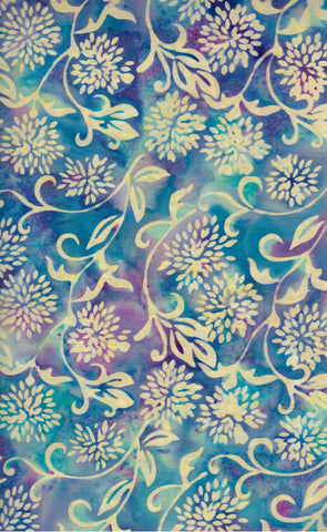 CAB 793 IB Blue Purple Small Spiky Flowers and Leaf Sprays Cotton Batik Fabric by Island Batik