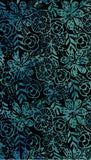 Blue green Floral on Black cotton batik fabric