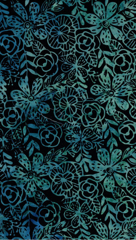 CAB 814 A Anthology Fabrics Blue Green Floral on Black Cotton Batik Fabric Patchwork and Quilting