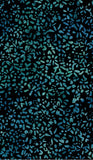 A close-up of a black fabric or material surface covered with an allover abstract pattern of small blue and teal petal- or leaf-like marks.