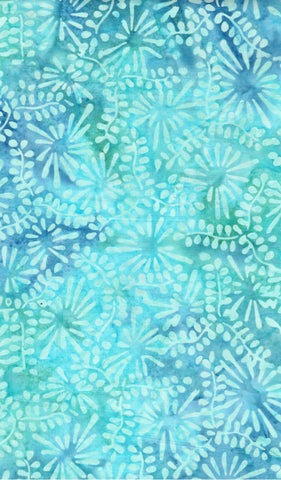 CAB  818 FB3 Floral Boutique Collection: Pale Aqua Leaf Sprays and Starbursts on Mid Aqua Blue Cotton Batik Fabric for Patchwork and Quilting