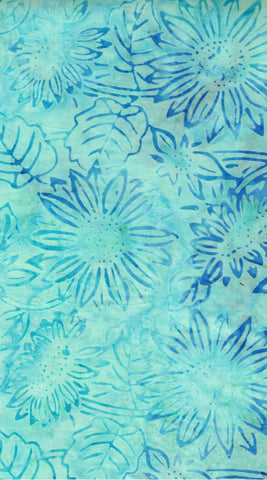 CAB  819 FB3 Floral Boutique Collection: Pale Aqua Sunflowers and Leaves on Mid Aqua Blue Cotton Batik Fabric for Patchwork and Quilting