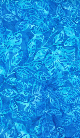 CAB  824 FB3 Floral Boutique Collection: Aqua Blue Leaves and Flowers on Mid Blue Cotton Batik Fabric for Patchwork and Quilting