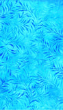 A close-up of a blue patterned batik fabric  featuring a repeating tropical leaf or palm frond design in varying shades of bright cyan and medium blue.