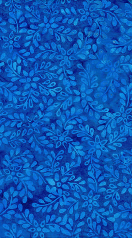 CAB  826 FB3 Floral Boutique Collection: Mid Blue Leaves and Small Star Flowers on Mid Blue Cotton Batik Fabric for Patchwork and Quilting
