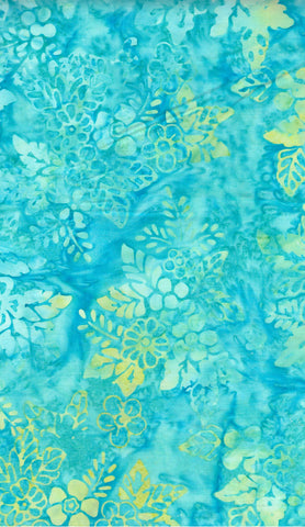 CAB 829 FB3 Floral Boutique Collection: Pale Aqua and Yellow Floral on Mid Aqua Cotton Batik Fabric for Patchwork and Quilting